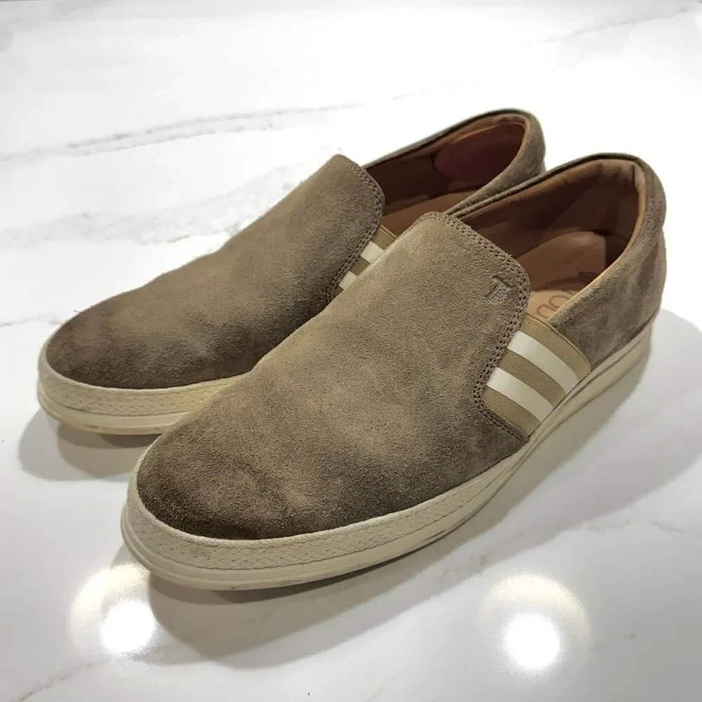 Tod's Gomma Taupe Suede Striped Side Gore Sneakers. Size 8.5